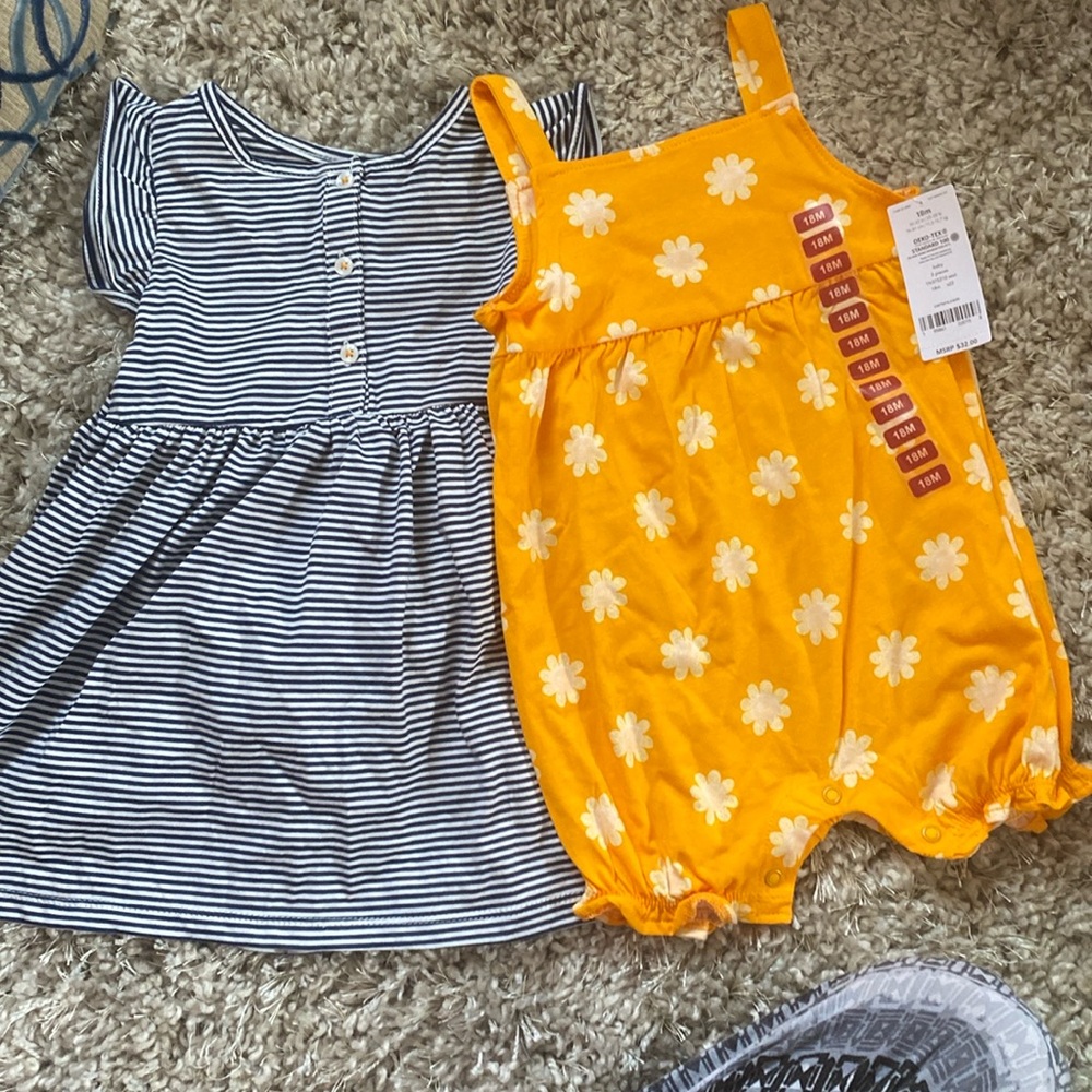 Carters 18 months/navy and white dress with bloomer/yellow romper set.
